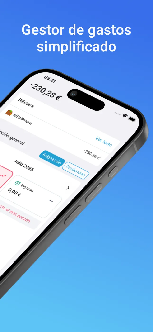 Pantalla principal del gestor de dinero con carteras, totales mensuales y tendencias