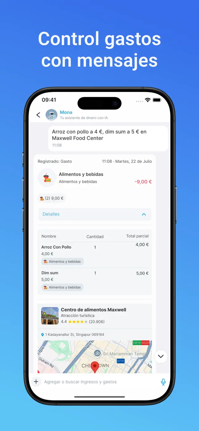 Controla gastos por mensaje de chat: Mona registra un gasto de comida detallado