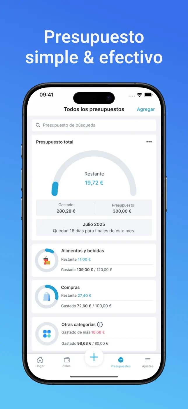 Planificador de presupuesto simple con indicador de presupuesto total y por categorías
