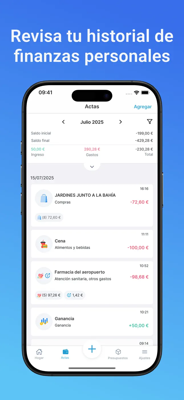 Historial de transacciones con ingresos, gastos y saldos mensuales