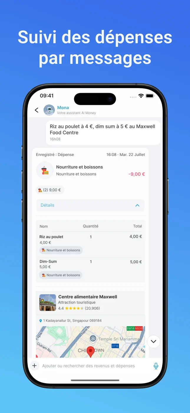Suivi des dépenses par message : Mona enregistre une dépense de repas détaillée