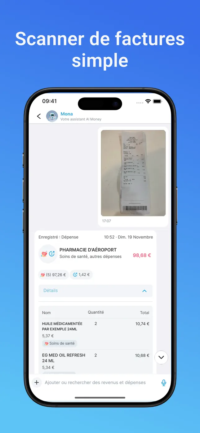 Le scanner de reçus IA transforme la photo d'un reçu de pharmacie en dépense catégorisée