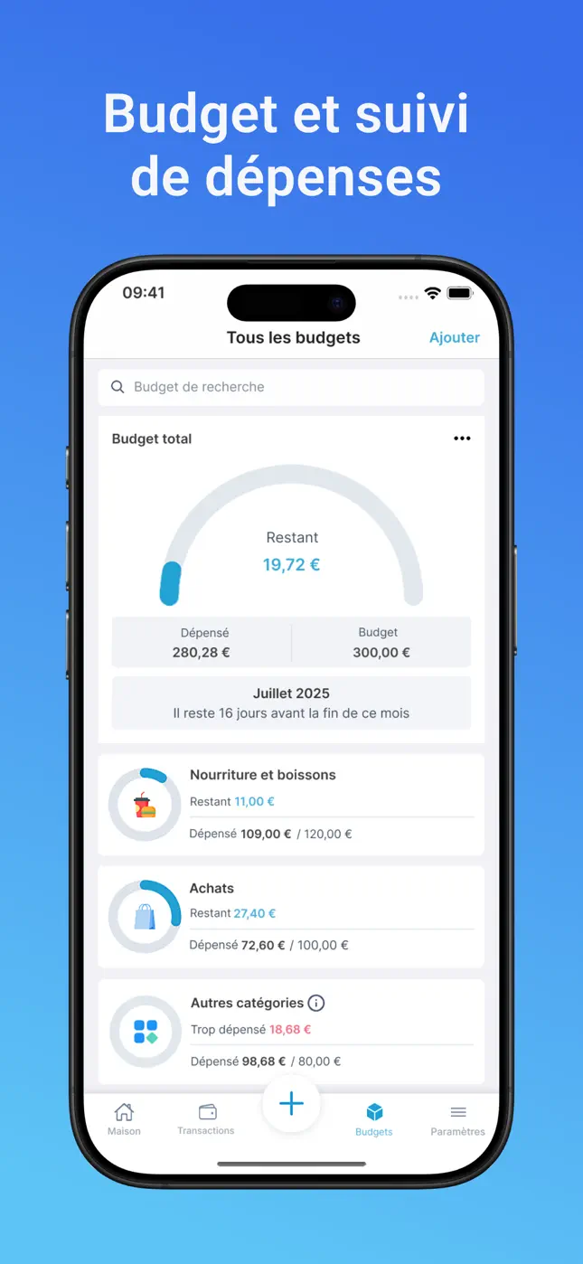 Planificateur de budget simple avec jauge de budget total et budgets par catégorie