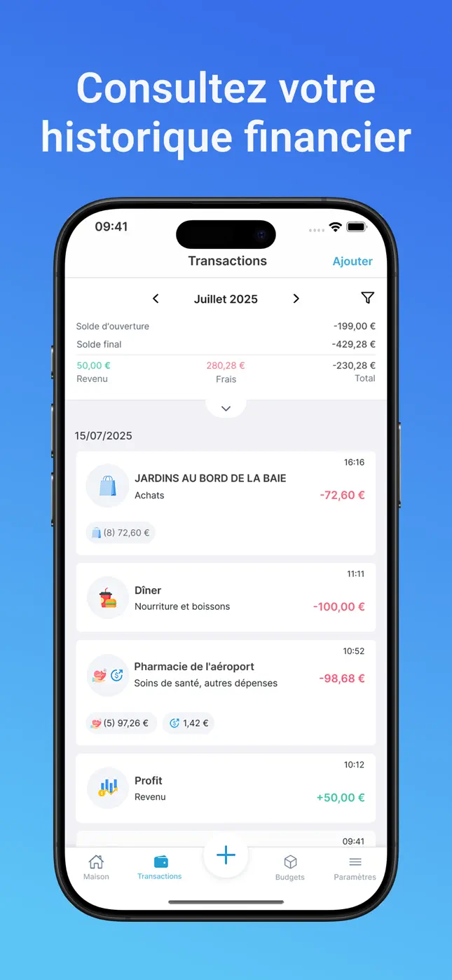 Historique des transactions avec revenus, dépenses et soldes mensuels
