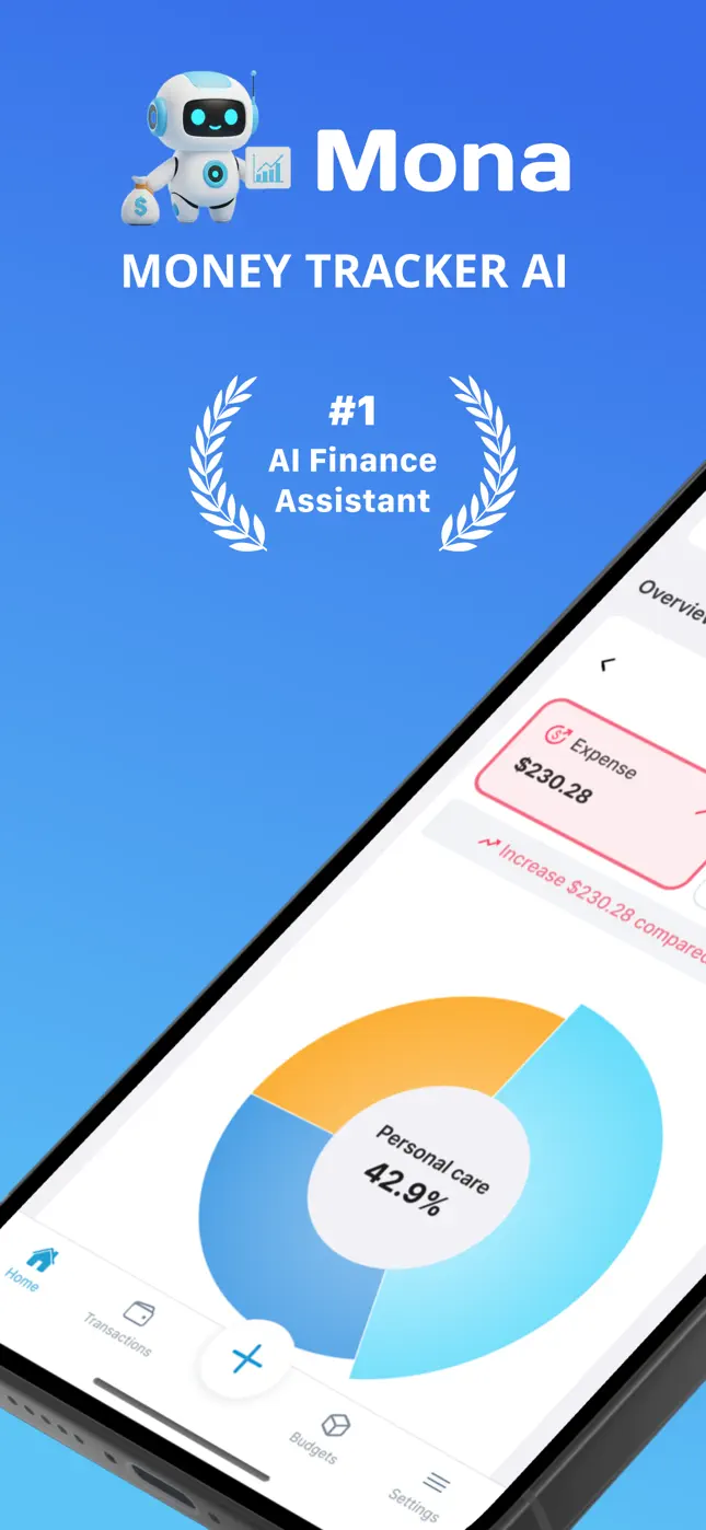 Mona AI finance assistant overview with spending breakdown donut chart
