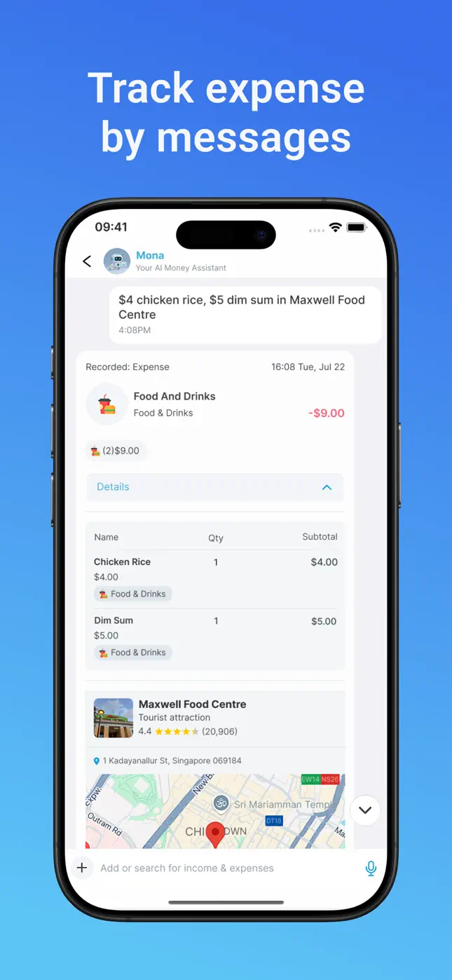 Chat with Mona AI where a text message becomes a recorded, itemized expense with location