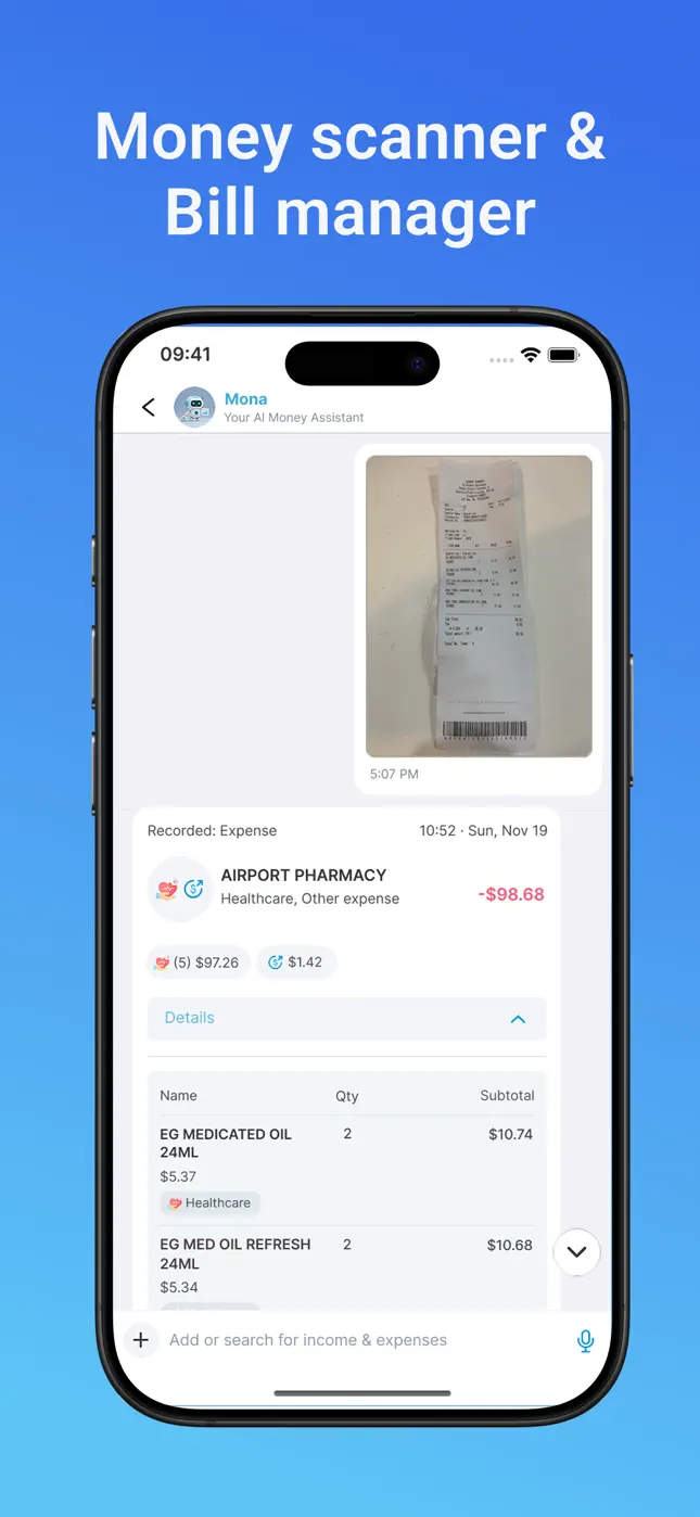 Mona AI money scanner converting a pharmacy receipt photo into an itemized expense