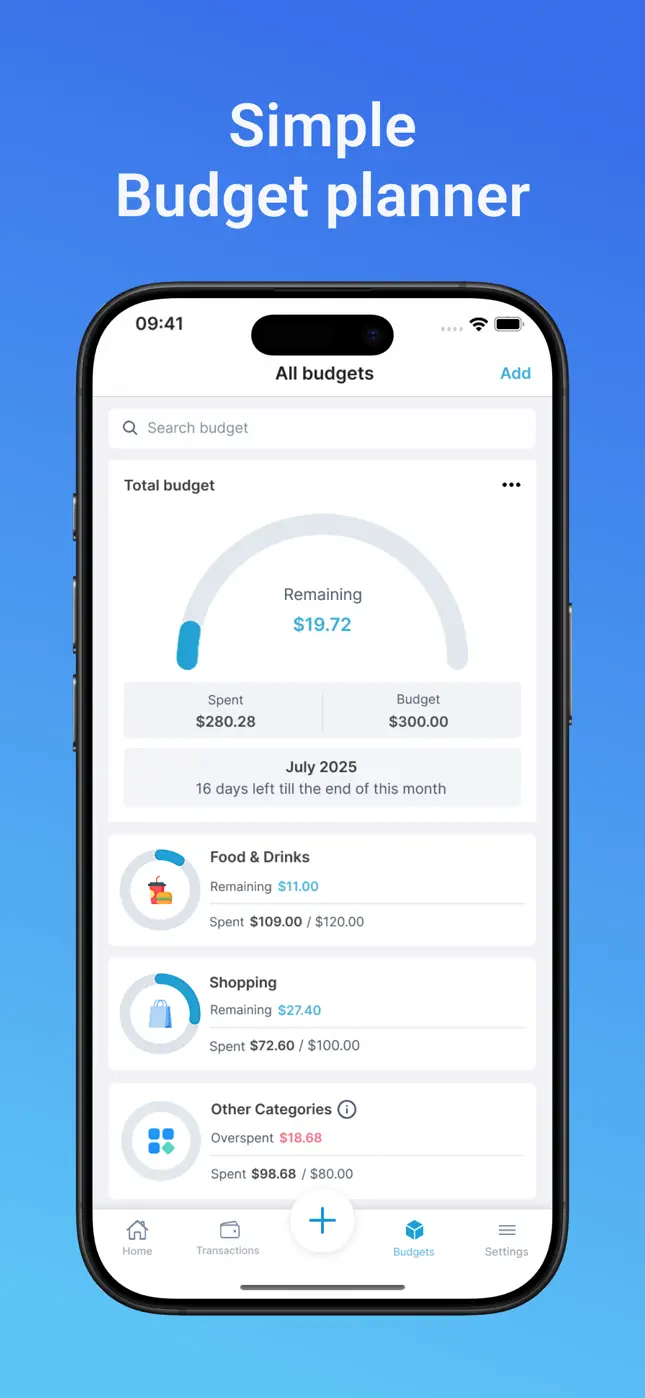 Mona AI budget planner with total monthly budget gauge and per-category budgets