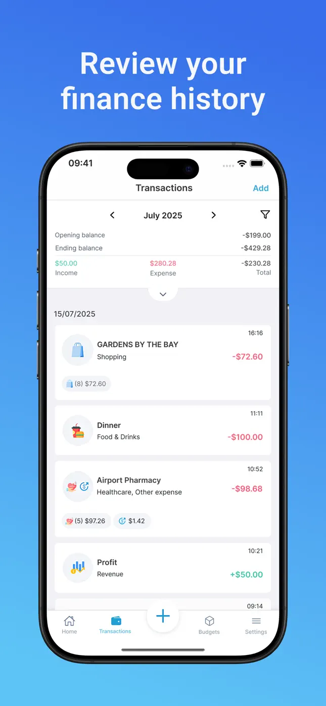 Mona AI transaction history showing monthly income, expenses and recurring payments