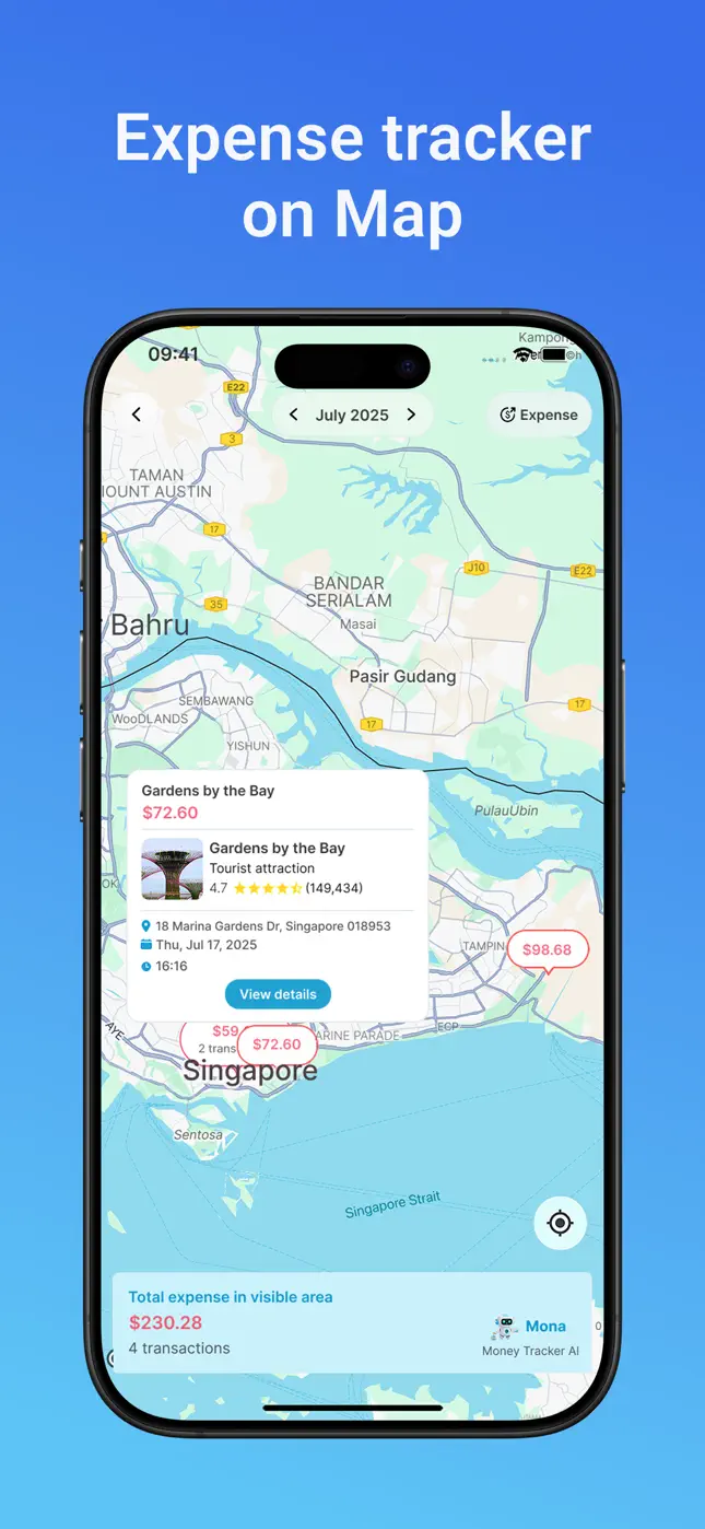 Mona AI expense map showing travel spending plotted by location with area totals