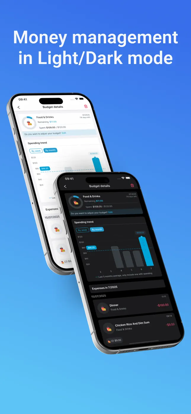 Mona AI budget details with spending trend charts in light and dark mode
