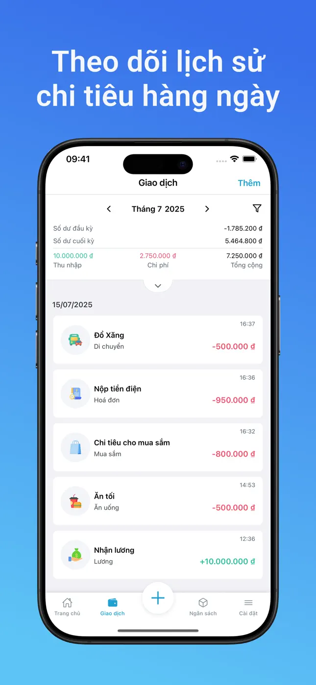 Lịch sử giao dịch với thu nhập, chi tiêu và số dư hàng tháng