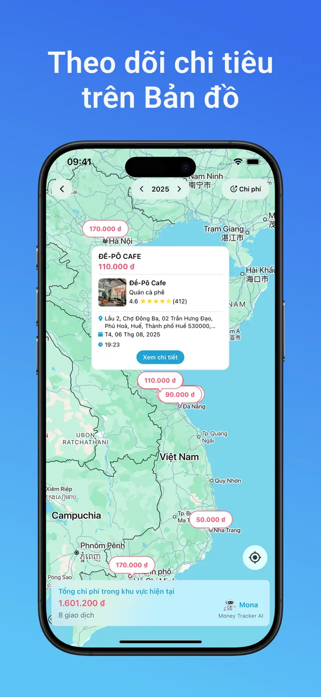 Theo dõi chi tiêu trên bản đồ — chi tiêu ghim theo vị trí kèm tổng khu vực